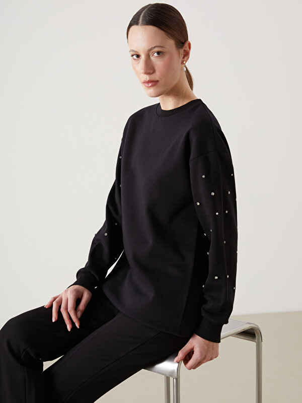 LCW Modest Bisiklet Yaka Parlak Taşlı Kadın Kalın Sweatshirt Tunik
