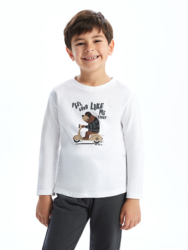 LCW Kids Bisiklet Yaka Uzun Kollu Baskılı Erkek Bebek Tişört ve Eşofman Alt 2'li Takım