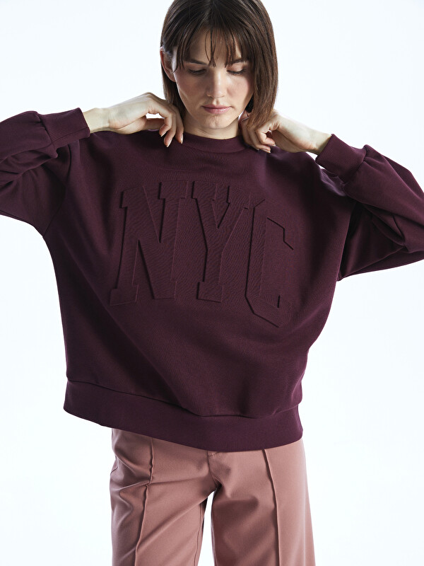 LCW Vision Bisiklet Yaka Baskılı Oversize Kadın Kalın Sweatshirt