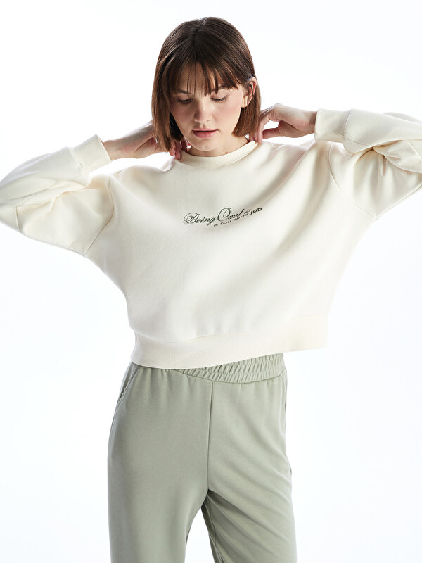 LCW Vision Bisiklet Yaka Baskılı Oversize Kadın Kalın Sweatshirt