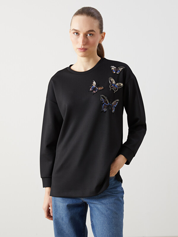 LCW EVERYDAY Bisiklet Yaka İşlemeli Oversize Kadın Sweatshirt Tunik