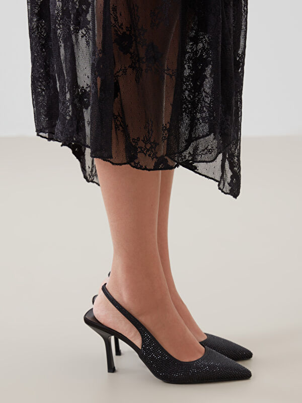 Sivri Burunlu Taş Detaylı Kadın Topuklu Ayakkabı - Görsel 5