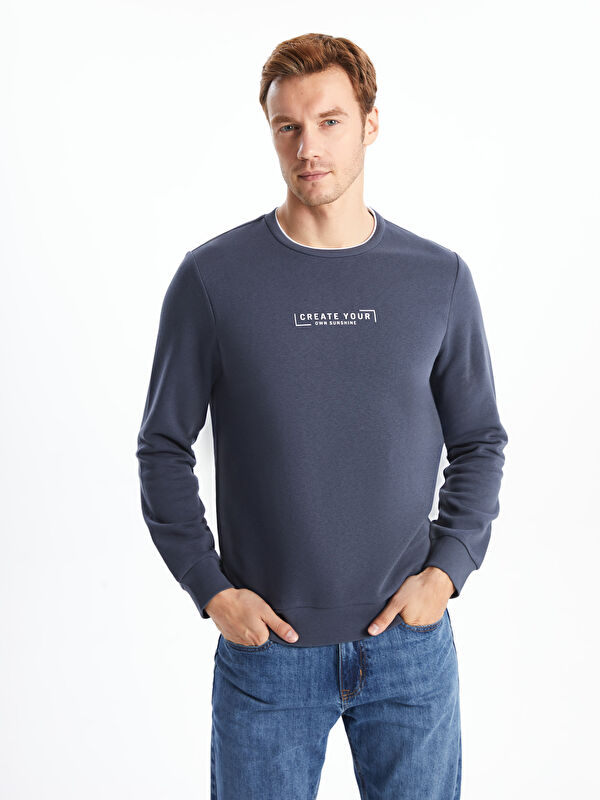 LCWAIKIKI Classic Bisiklet Yaka Baskılı Erkek Kalın Sweatshirt