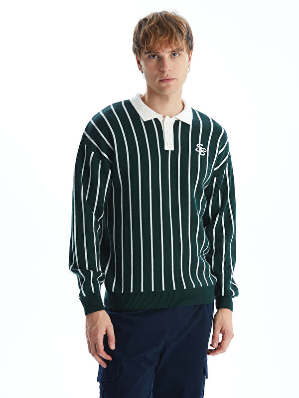 XSIDE Polo Neck Long Sleeve Striped Men's Knitwear Sweater