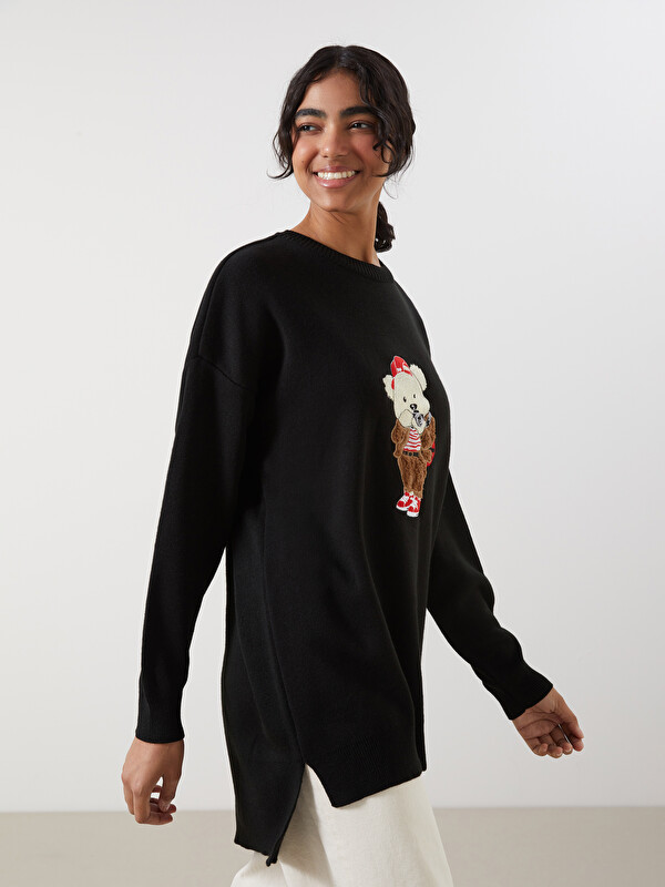 LCW Modest Ayı Teddy Nakışlı Oversize Kadın Triko Tunik