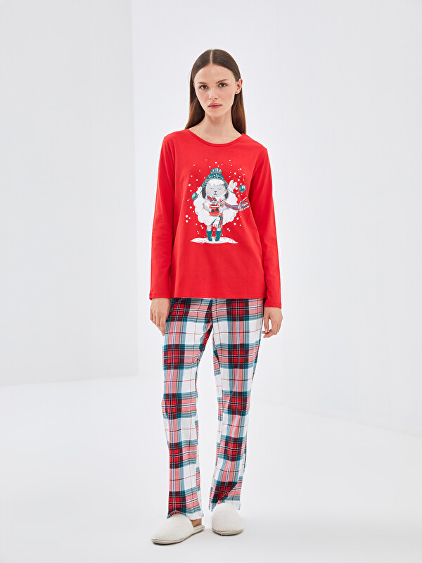 LCW DREAM Bisiklet Yaka Yılbaşı Temalı Kadın Pijama Takımı