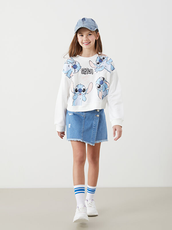 LCW Kids Ekru Bisiklet Yaka Stitch Baskılı Kız Çocuk Sweatshirt