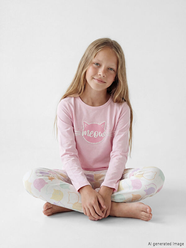 LCW Kids Bisiklet Yaka Baskılı Kız Çocuk Pijama Takımı