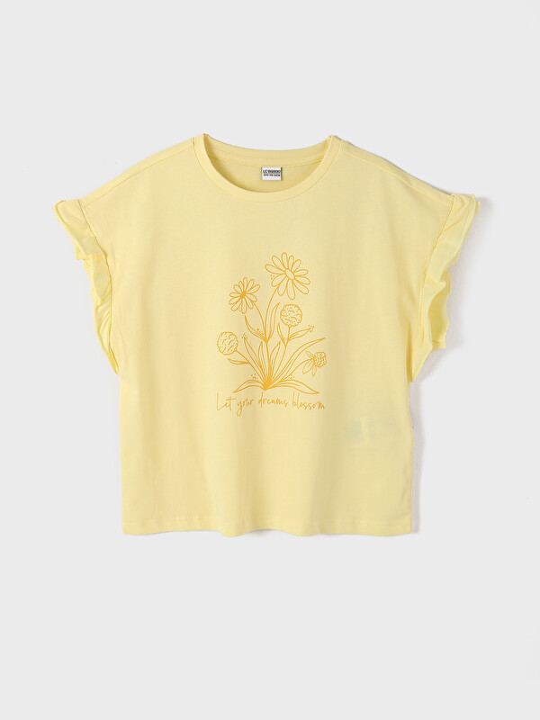 LCW Kids Flower Printed Crew Neck Short Sleeve T-Shirt