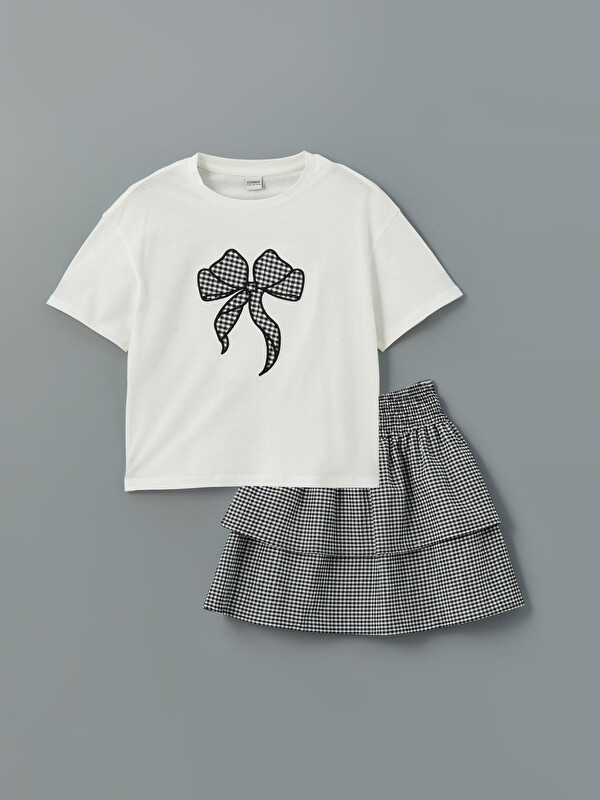 LCW Kids Crew Neck Bow Embroidered Girls' T-Shirt and Skirt