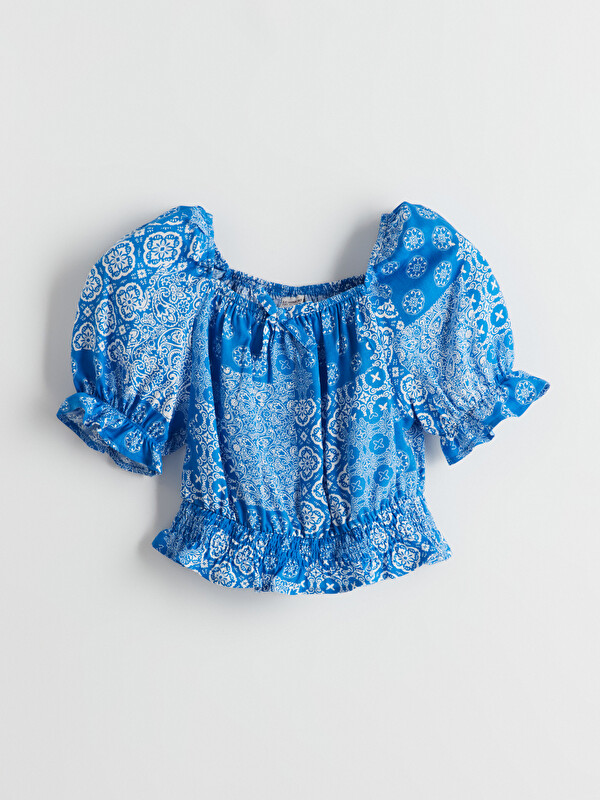 LCW Kids Square Neck Printed Ruched Viscose Girls' Blouse