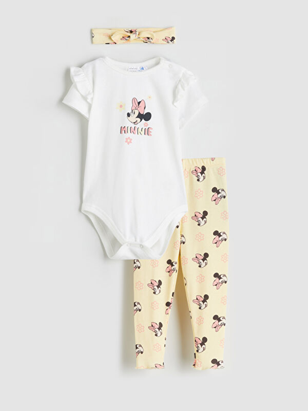 LCW baby Minnie Mouse Baskılı Kız Bebek Body Tayt ve Saç Bandı 3'lü Takım