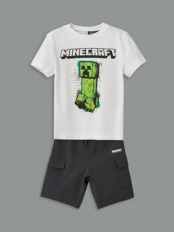 LCW Kids Beyaz Bisiklet Yaka Minecraft Baskılı Erkek Çocuk Tişört