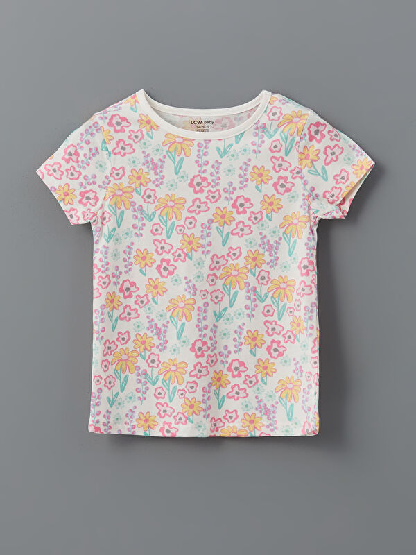 LCW baby Bisiklet Yaka Çiçekli Kız Bebek Pijama Üst