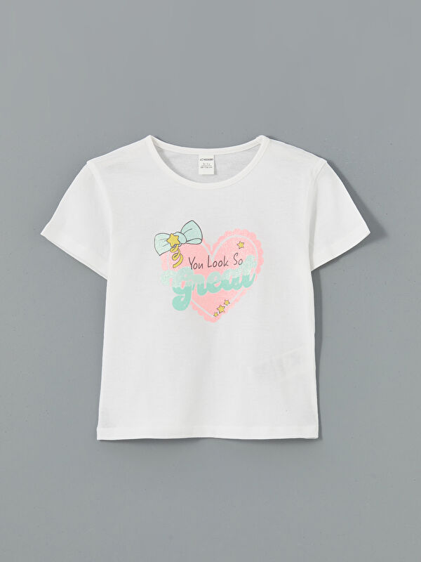 LCW baby Beyaz Bisiklet Yaka Kalp Baskılı Kız Çocuk Tişört