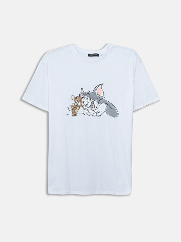 LCW Modest T-shirt à Col Rond Imprimé Tom & Jerry pour Femmes