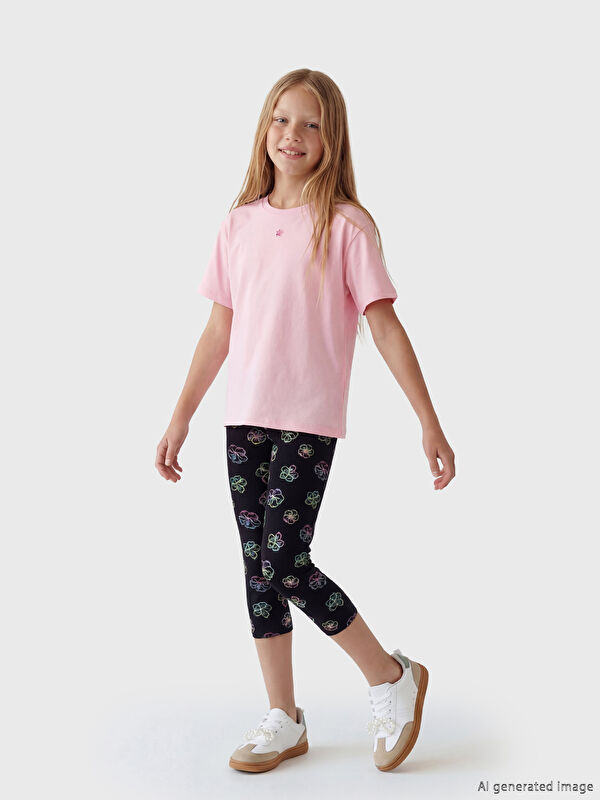 LCW Kids Beli Lastikli Çiçekli Kız Çocuk 3/4 Boy Tayt