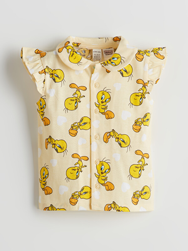 LCW baby Bebe Yaka Tweety Baskılı Kız Bebek Pijama Üstü