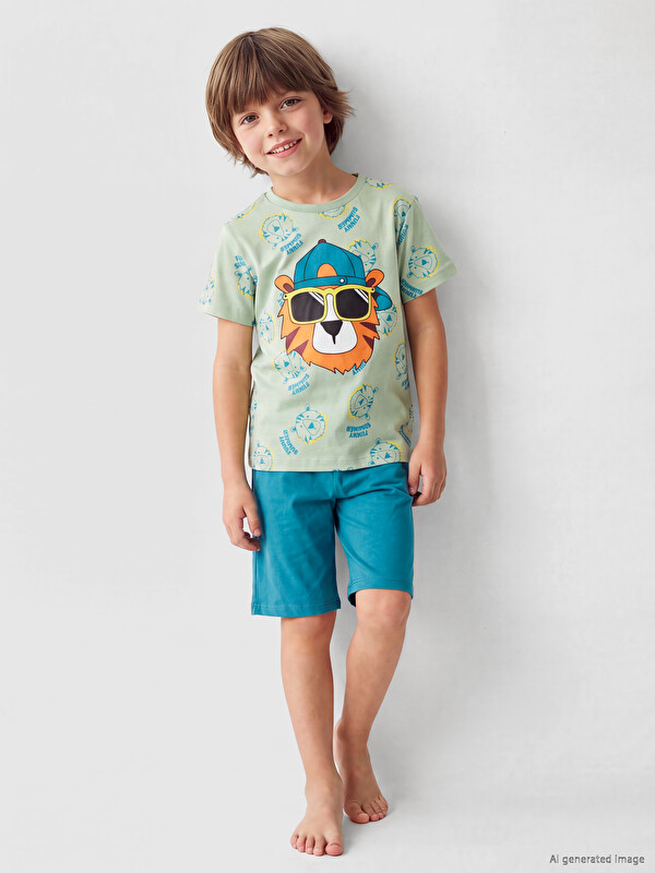 LCW Kids Printed Jersey Boys' Shortie Pyjama Set