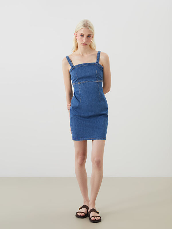 LCW Vision Kare Yaka Askılı Mini Jean Elbise