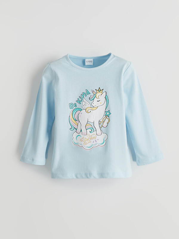 LC WAIKIKI Bisiklet Yaka Baskılı Kız Çocuk Pijama Üstü