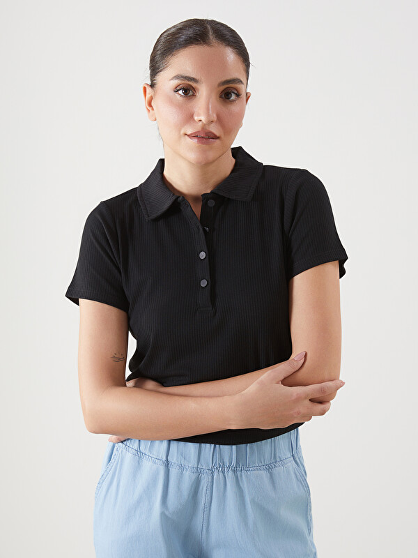 LCWAIKIKI Basic Polo Yaka Dokulu Kadın Fitilli Tişört