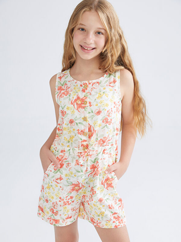 LCW Kids Bisiklet Yaka Çiçekli Kız Çocuk Tulum