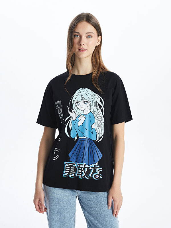 XSIDE Bisiklet Yaka Anime Baskılı Kadın Tişört