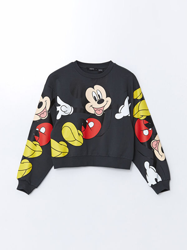 XSIDE Antrasit Bisiklet Yaka Mickey Mouse Baskılı Kadın Sweatshirt