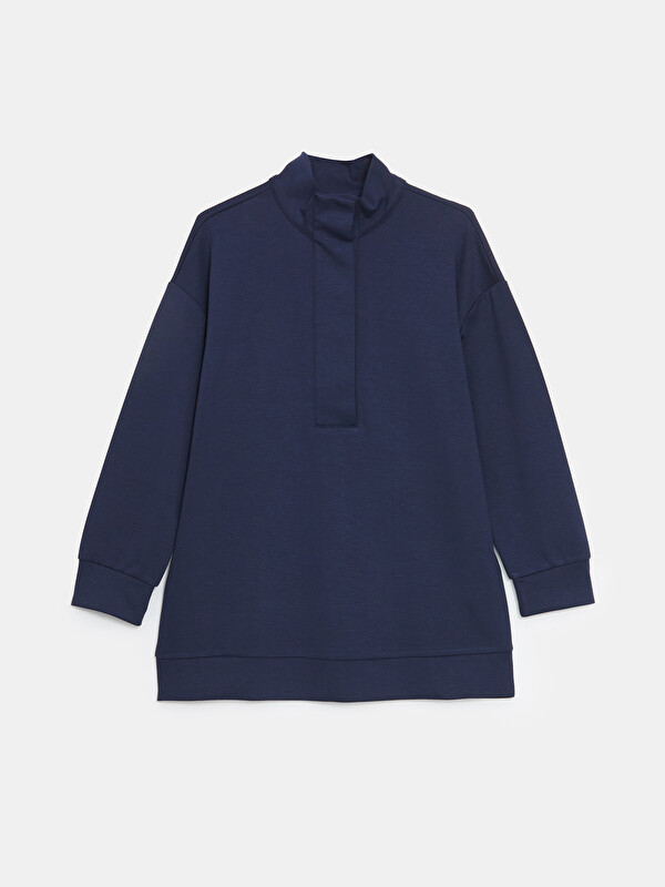 LCW Modest Lacivert Dik Yaka Düz Oversize Kadın Sweatshirt Tunik