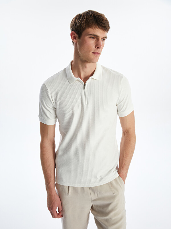 LCW Vision Zip-Up Polo Neck Men's Textured T-Shirt