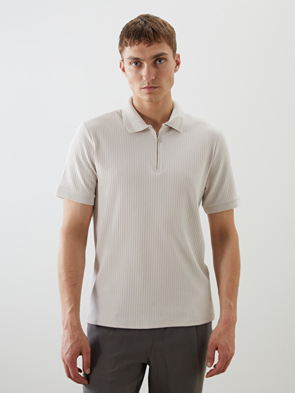 LCW Vision Zip-Up Polo Neck Men's Textured T-Shirt