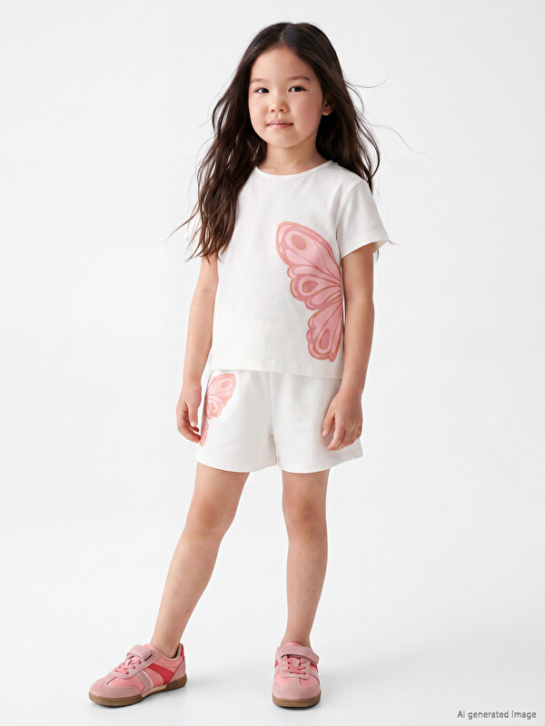 LCW Kids Elasticated Waist Butterfly Printed Girls' Shorts