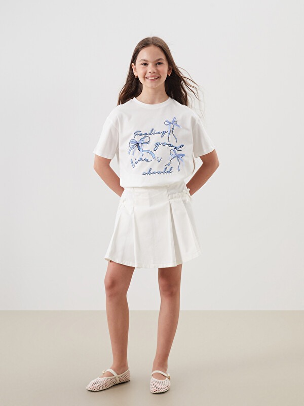 LCW Kids Elastic Waist Bow Detailed Girls' Jean Skirt