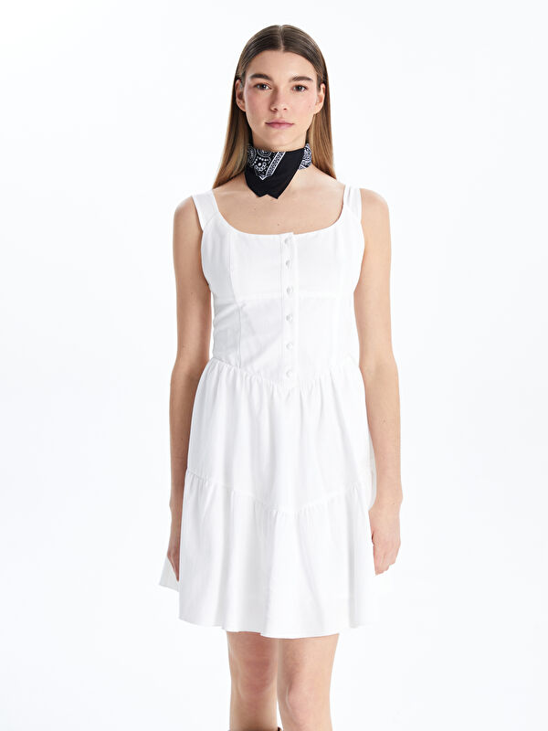 XSIDE Damen U-Ausschnitt Leinen-Look Geschichtetes Minikleid