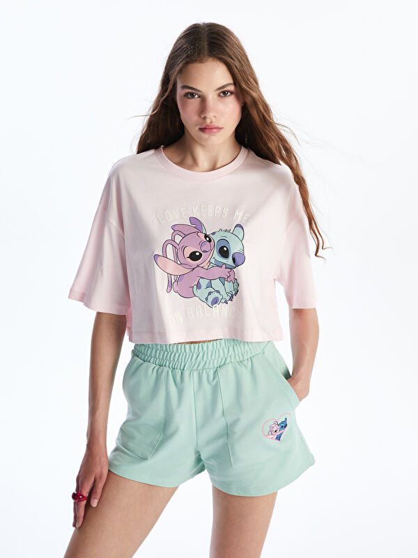 LCWAIKIKI Classic Crew Neck Angel and Stitch Printed Women's Crop