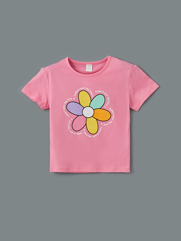 LCW Kids Bisiklet Yaka Çiçekli Kız Çocuk Tişört