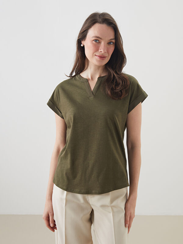 LCW Grace Crew Neck Plain Cuffed Women's T-Shirt
