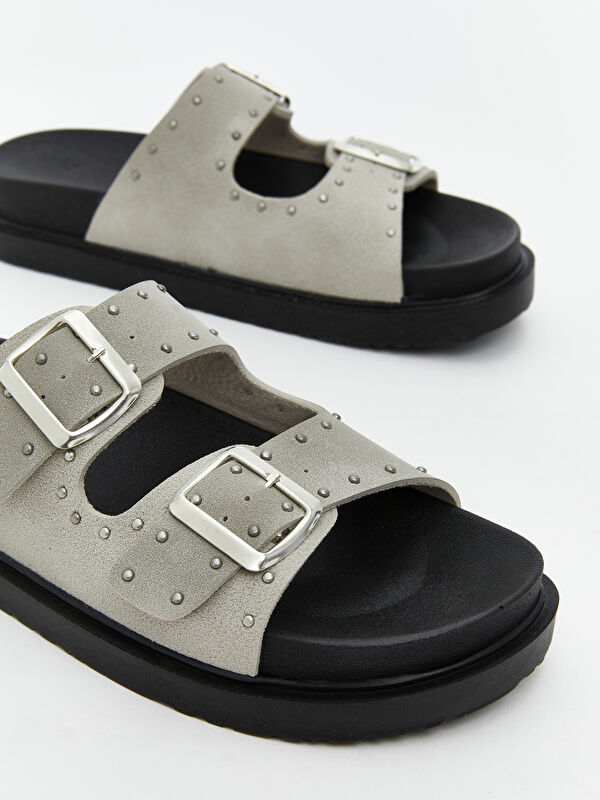 Deri Görünümlü Taşlı Kadın Terlik - Görsel 4