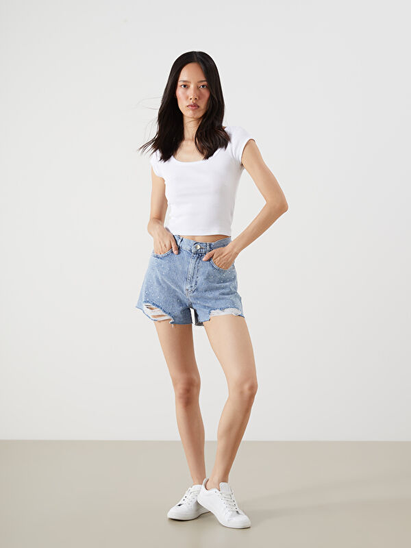 LCW Jeans Mom Fit Yırtık Detaylı Kadın Jean Şort