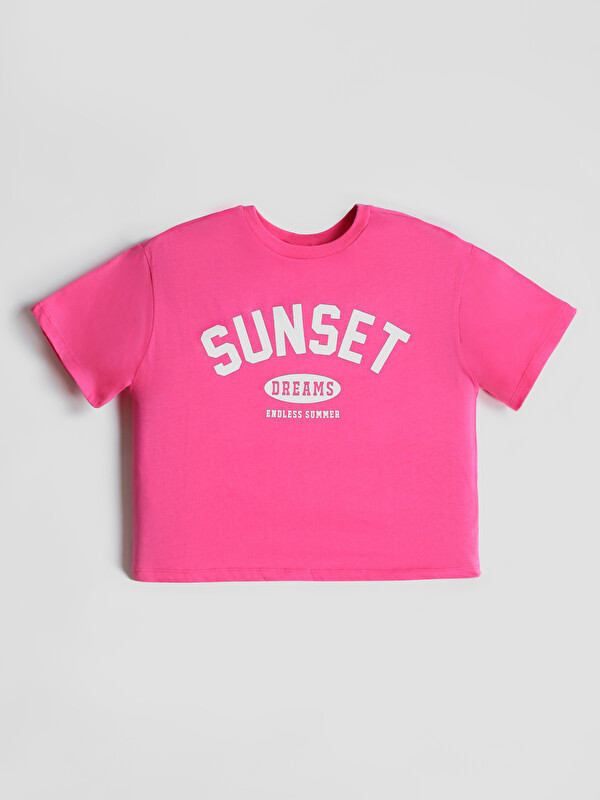 LCW Kids Crew Neck Printed Girls' Crop T-Shirt