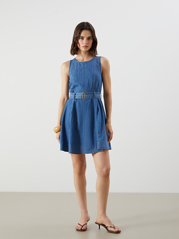 LCW Vision Bisiklet Yaka Belden Oturtmalı Mini Jean Elbise