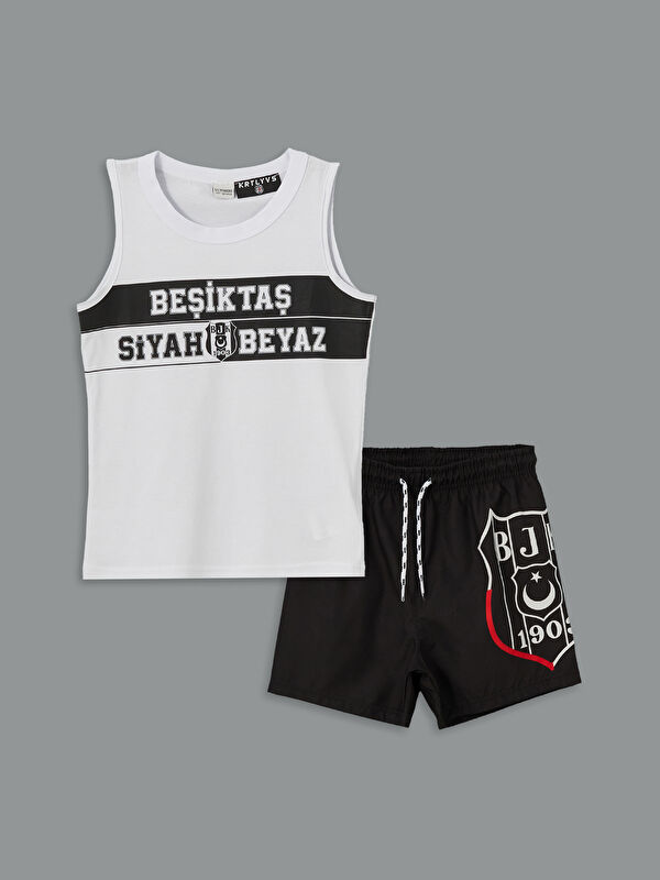 LCW ECO Bisiklet Yaka Beşiktaş Baskılı Erkek Çocuk Atlet ve Deniz Şortu