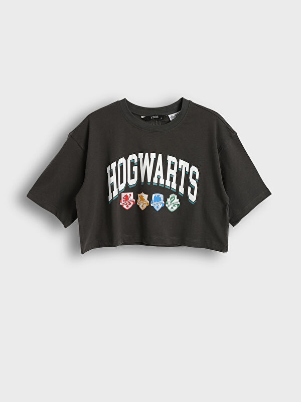 XSIDE Әйелдерге арналған дөңгелек жағалы hogwarts принтті кроп-топ