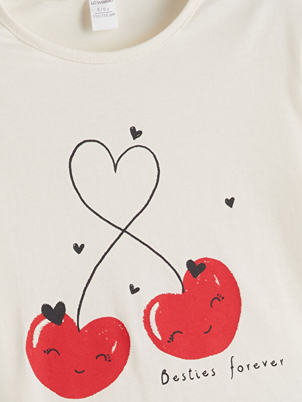 LCW Kids Ekru Bisiklet Yaka Kiraz Baskılı Kız Çocuk Tişört