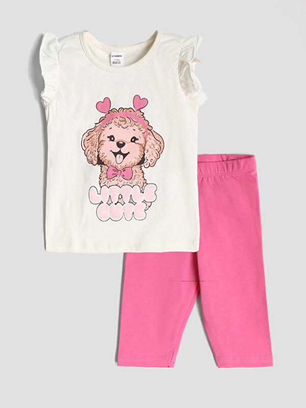 LCW Kids Crew Neck Printed Girls' Blouse and Leggings 2 Pack Set