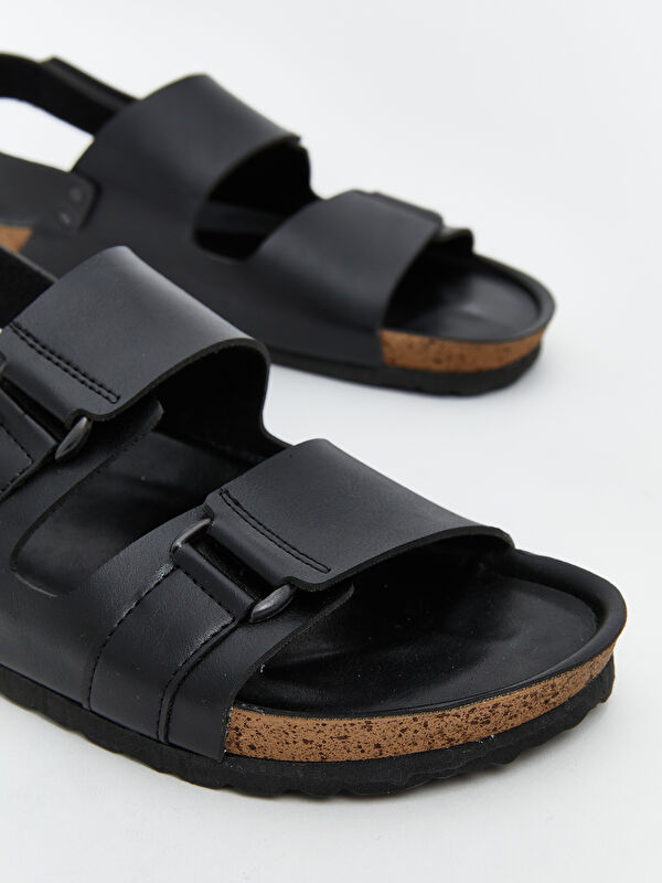 Çift Tokalı Deri Görünümlü Erkek Sandalet - Görsel 4