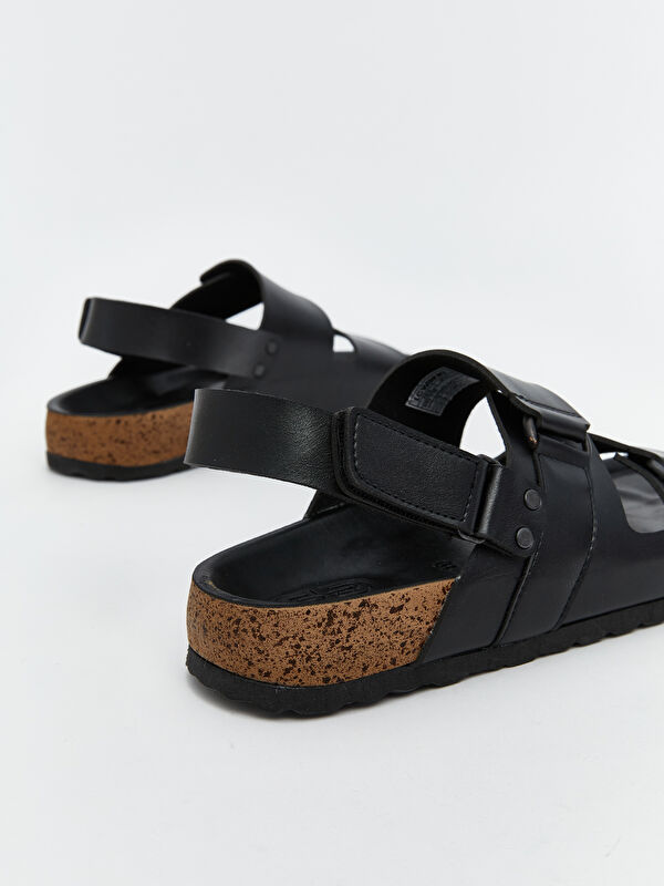 Çift Tokalı Deri Görünümlü Erkek Sandalet - Görsel 6