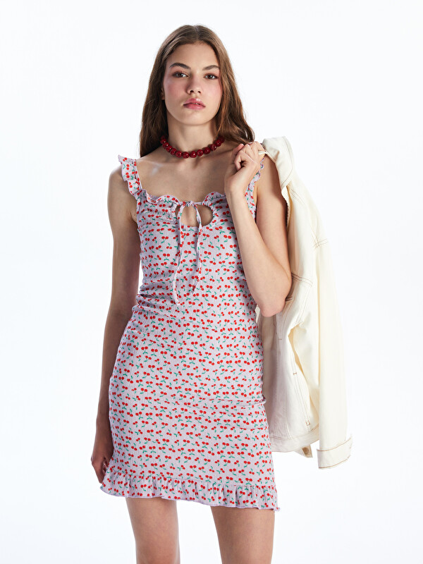 LCWAIKIKI Classic Robe Mini À Volants À Motifs Cerises Avec Col Lavallière