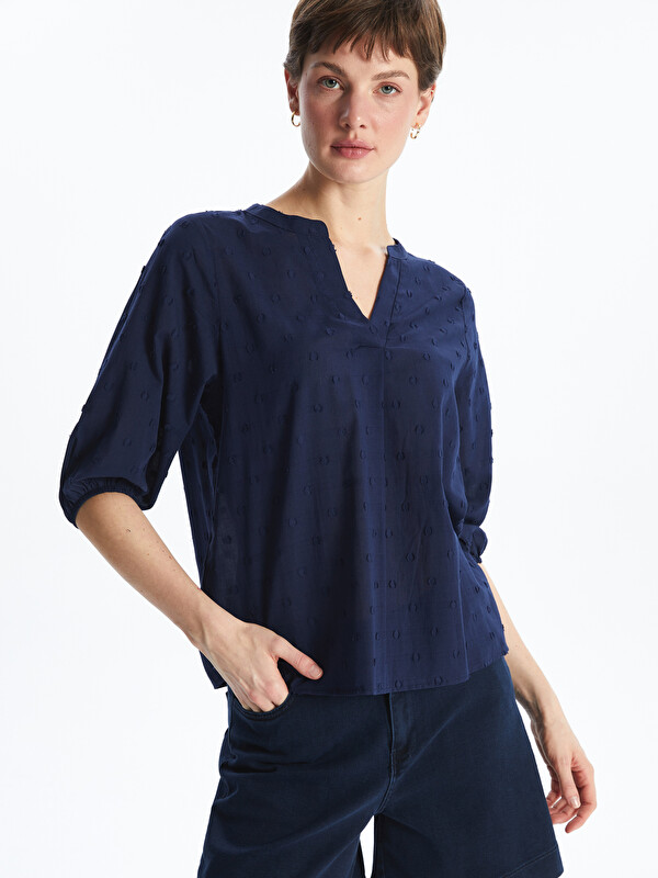 LCWAIKIKI Classic Notch Neck Textured Balloon Sleeve Women's Blouse